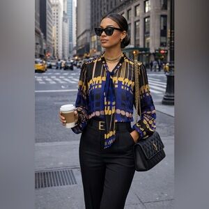 Yoana Baraschi Women's Tie Neck Long Sleeve Sheer Blouse Blue Black Yellow L NEW